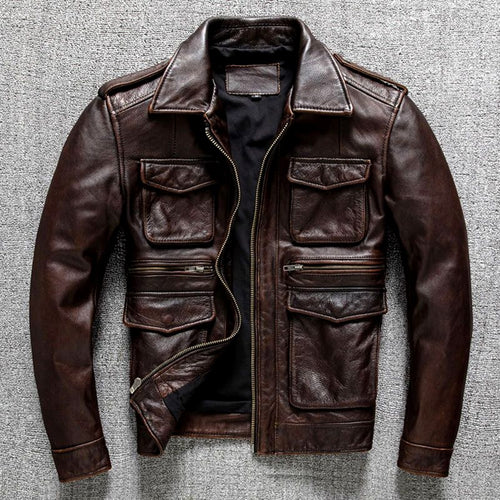 Aljur - Men's Leather Jacket with Multiple Pockets and Zip Closure 2