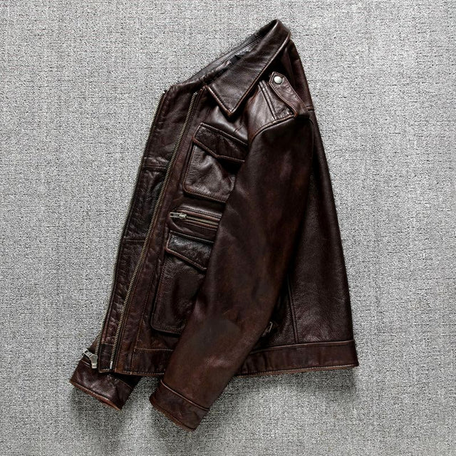 Aljur - Men's Leather Jacket with Multiple Pockets and Zip Closure 6