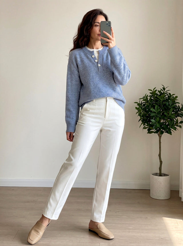 Annie - Women's Ribbed Trim V-Neck Knit Sweater 2