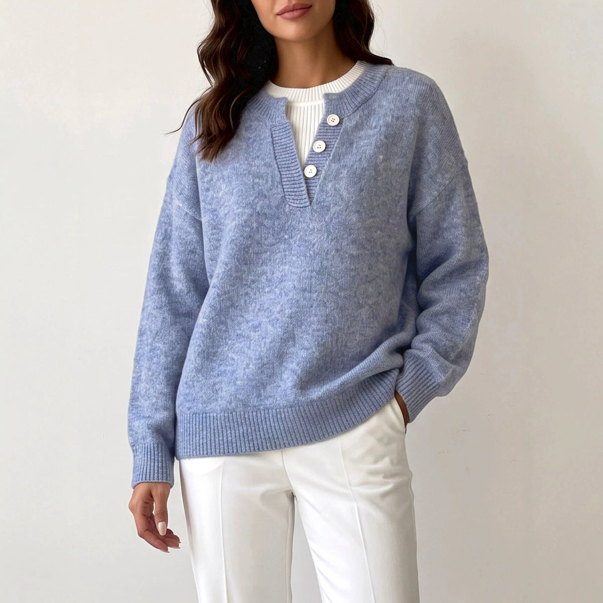 Annie - Women's Ribbed Trim V-Neck Knit Sweater 3