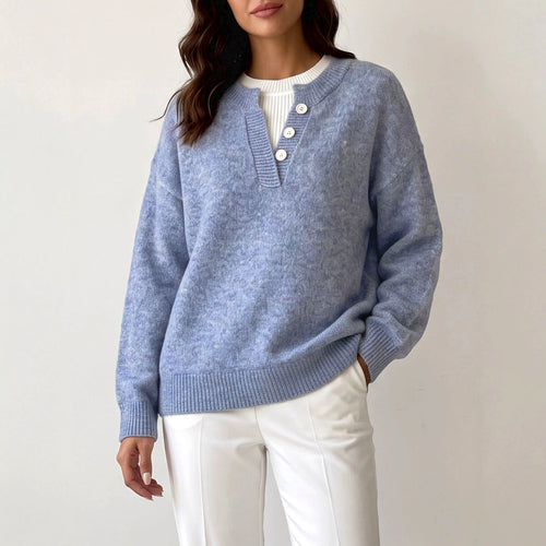 Annie - Women's Ribbed Trim V-Neck Knit Sweater 3