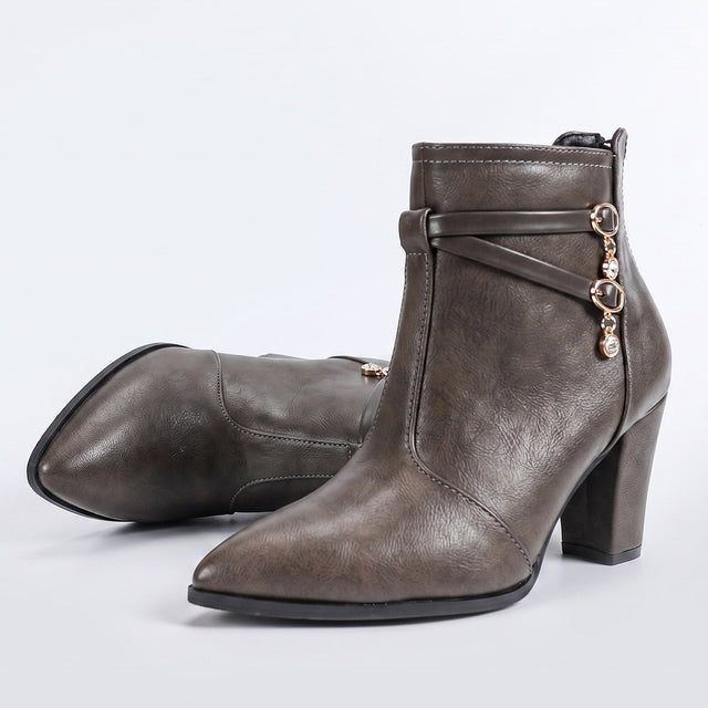 Beatrice - Women's Pointed-Toe Block Heel Boots with Charm Detail