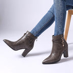 Beatrice - Women's Pointed-Toe Block Heel Boots with Charm Detail