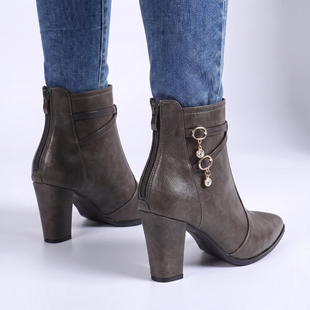 Beatrice - Women's Pointed-Toe Block Heel Boots with Charm Detail