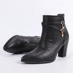 Beatrice - Women's Pointed-Toe Block Heel Boots with Charm Detail