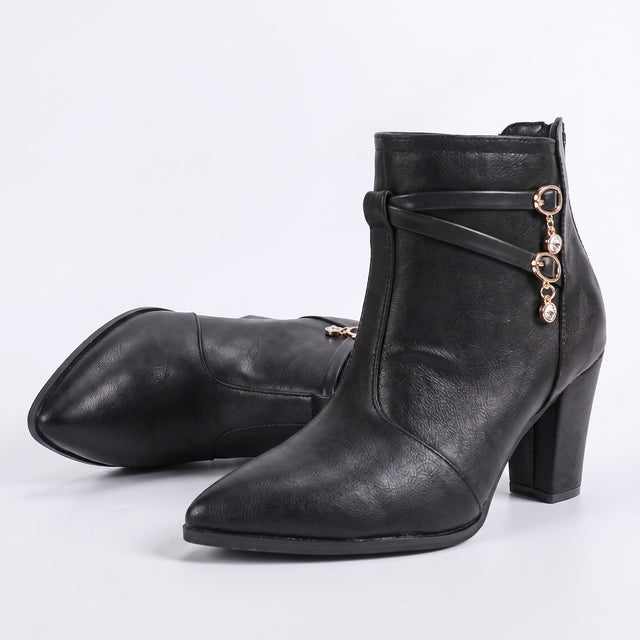 Beatrice - Women's Pointed-Toe Block Heel Boots with Charm Detail