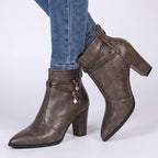 Beatrice - Women's Pointed-Toe Block Heel Boots with Charm Detail