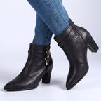 Beatrice - Women's Pointed-Toe Block Heel Boots with Charm Detail