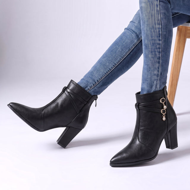 Beatrice - Women's Pointed-Toe Block Heel Boots with Charm Detail