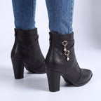 Beatrice - Women's Pointed-Toe Block Heel Boots with Charm Detail