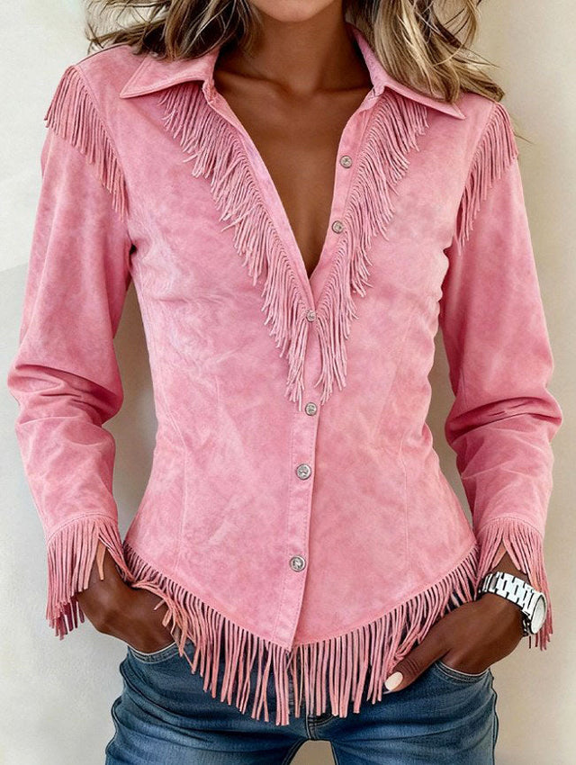 Beatrix - Women's Faux Suede Button-Front Fringe Shirt