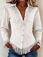 Beatrix - Women's Faux Suede Button-Front Fringe Shirt