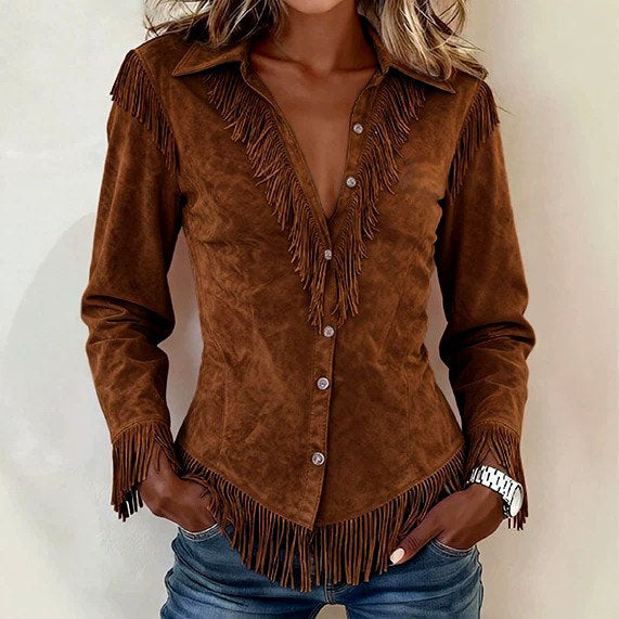 Beatrix - Women's Faux Suede Button-Front Fringe Shirt