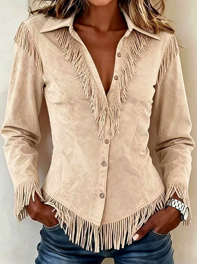Beatrix - Women's Faux Suede Button-Front Fringe Shirt