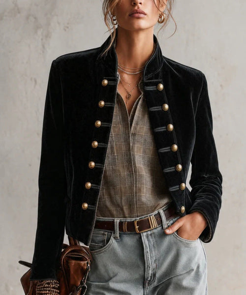 Calixta - Women's Velvet Fitted Blazer with Military-Button