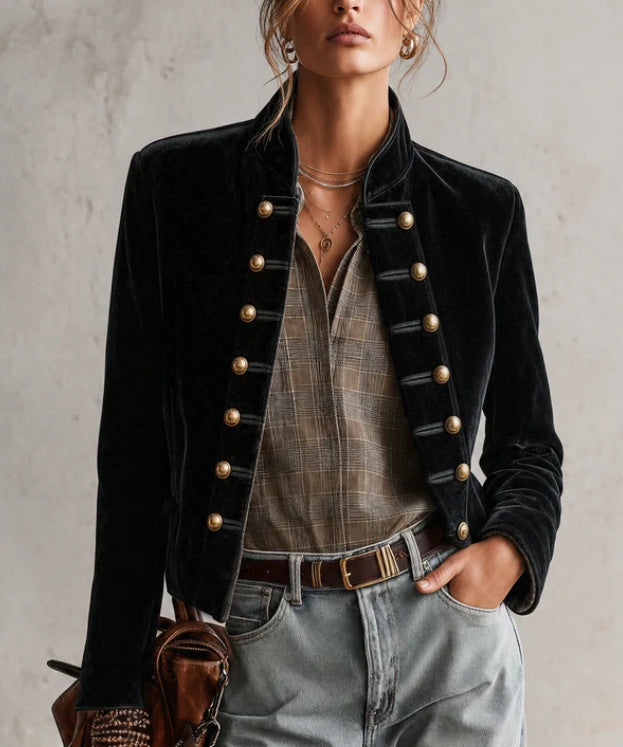 Calixta - Women's Velvet Fitted Blazer with Military-Button