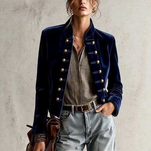 Calixta - Women's Velvet Fitted Blazer with Military-Button
