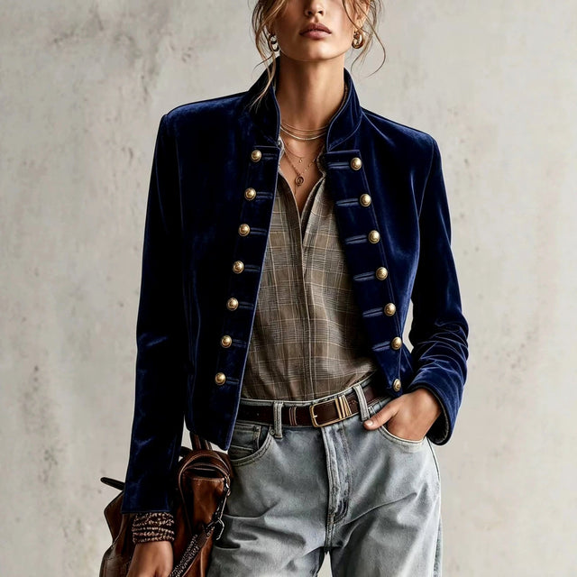 Calixta - Women's Velvet Fitted Blazer with Military-Button