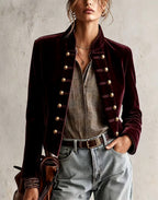 Calixta - Women's Velvet Fitted Blazer with Military-Button