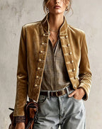 Calixta - Women's Velvet Fitted Blazer with Military-Button