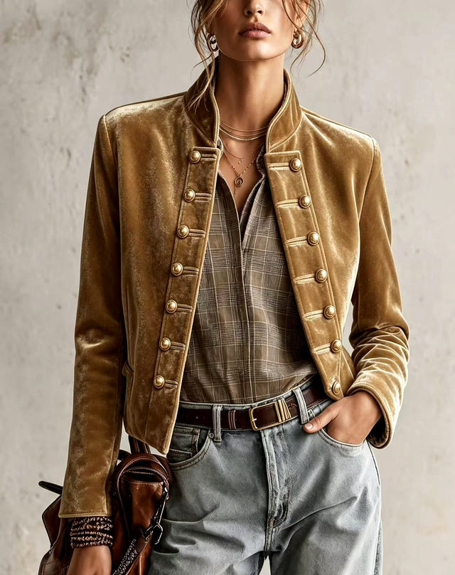 Calixta - Women's Velvet Fitted Blazer with Military-Button
