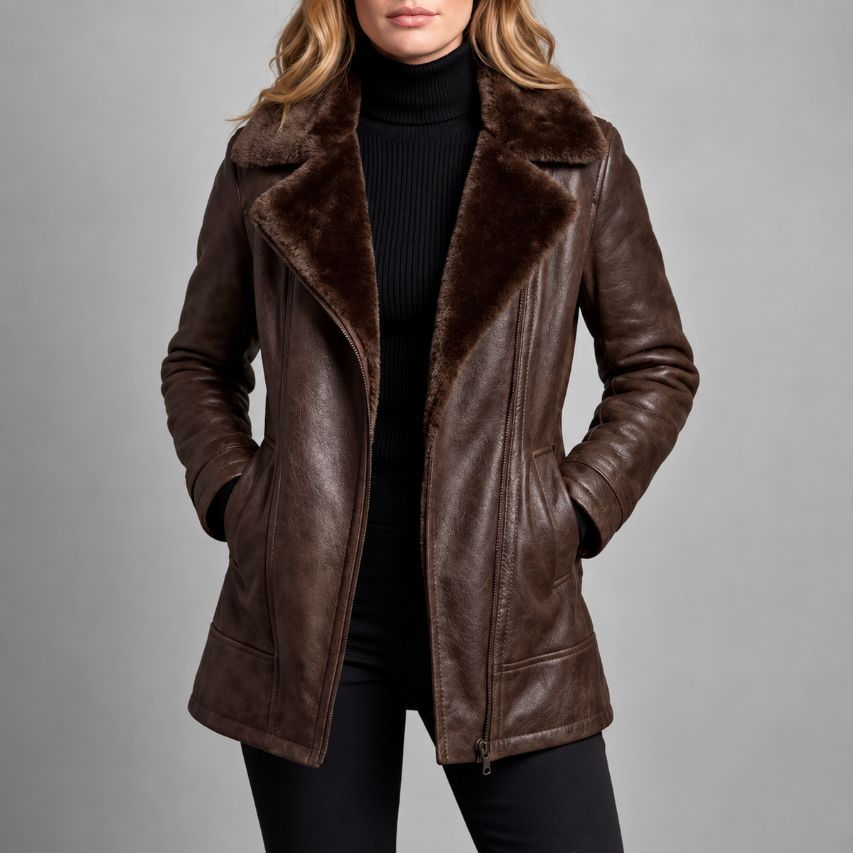 Davina - Women's Faux Leather Faux Fur Lapel Jacket