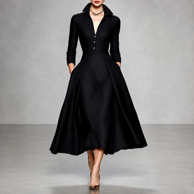 Delia - Women's Collared Button-Front A-Line Dress
