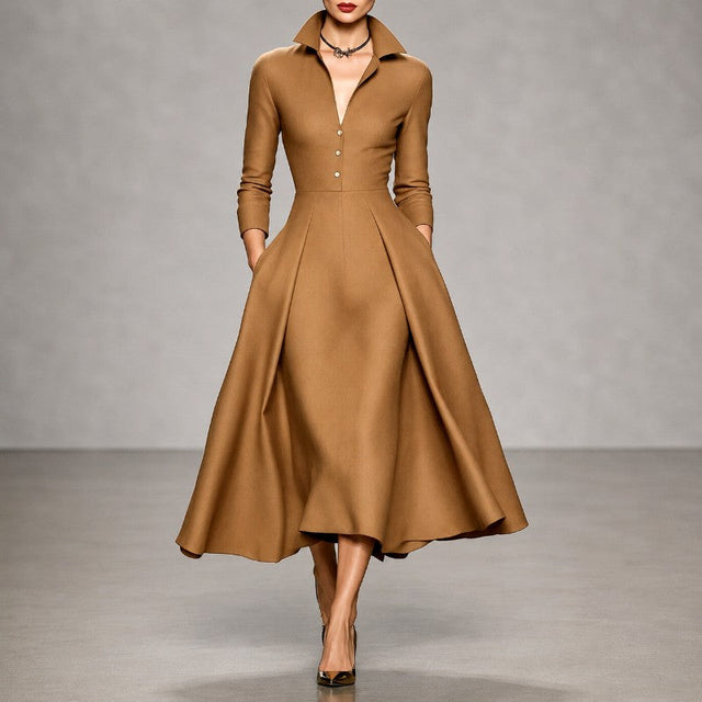 Delia - Women's Collared Button-Front A-Line Dress