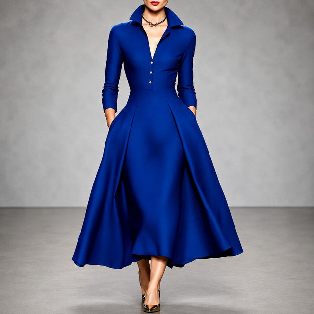 Delia - Women's Collared Button-Front A-Line Dress