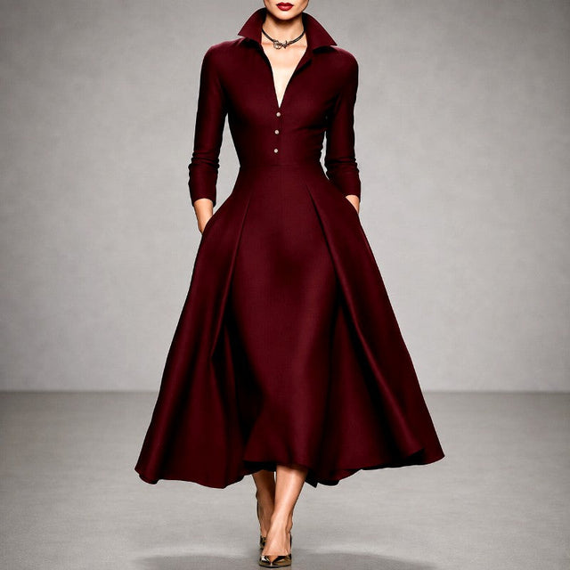 Delia - Women's Collared Button-Front A-Line Dress