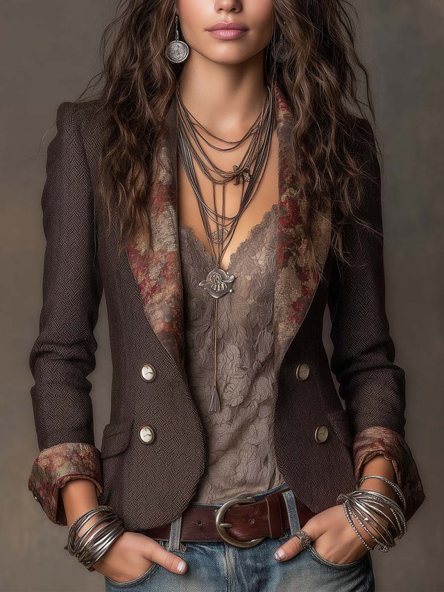 Divina - Women's Herringbone Blazer with Floral Lapel Detail