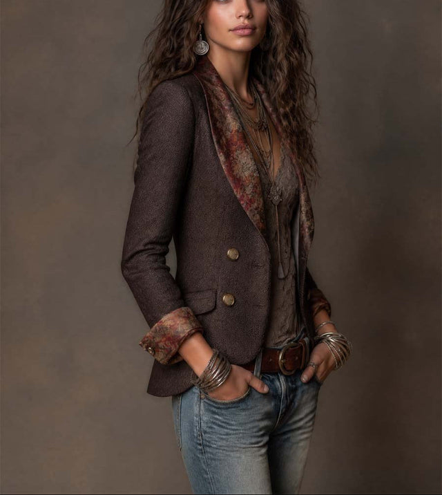 Divina - Women's Herringbone Blazer with Floral Lapel Detail