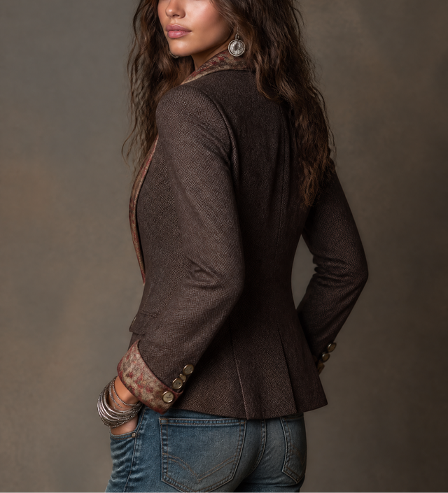 Divina - Women's Herringbone Blazer with Floral Lapel Detail