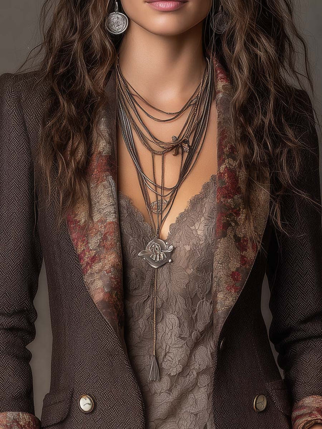 Divina - Women's Herringbone Blazer with Floral Lapel Detail