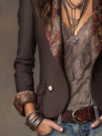 Divina - Women's Herringbone Blazer with Floral Lapel Detail