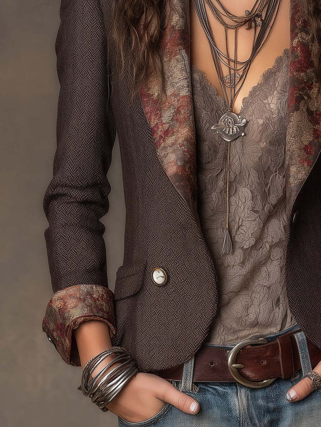 Divina - Women's Herringbone Blazer with Floral Lapel Detail