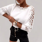 Harlyn - Women's Knit Sweater with Floral Lace Sleeves 8