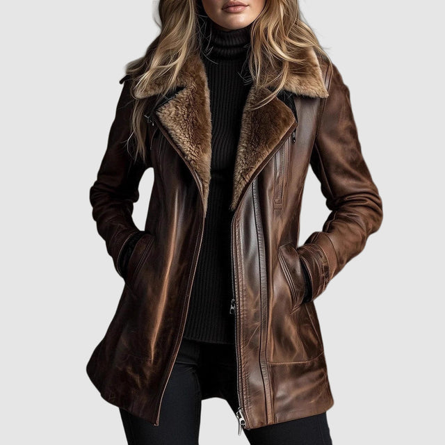 Imogen - Women's Burnished Leather Jacket with Shearling Collar