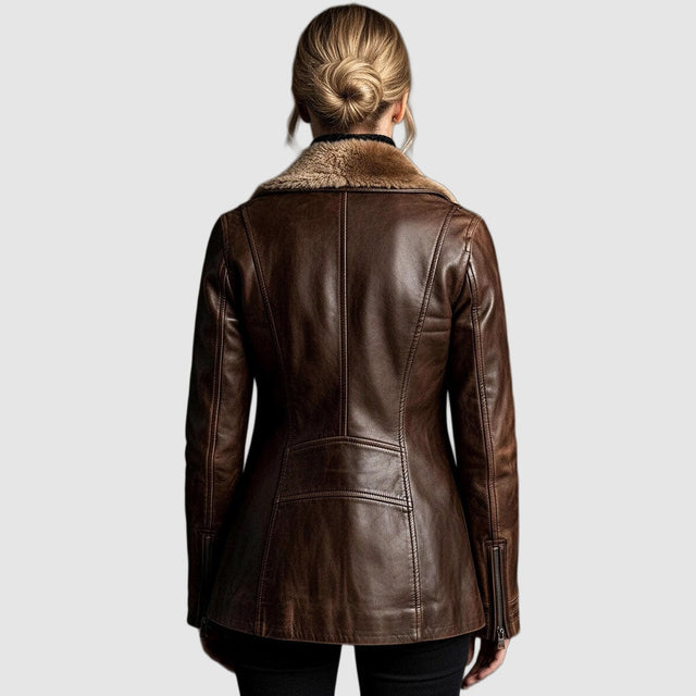 Imogen - Women's Burnished Leather Jacket with Shearling Collar
