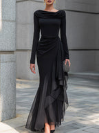 Isadora - Women's Cowl-Neck Wrap Dress with Sheer Organza Hem