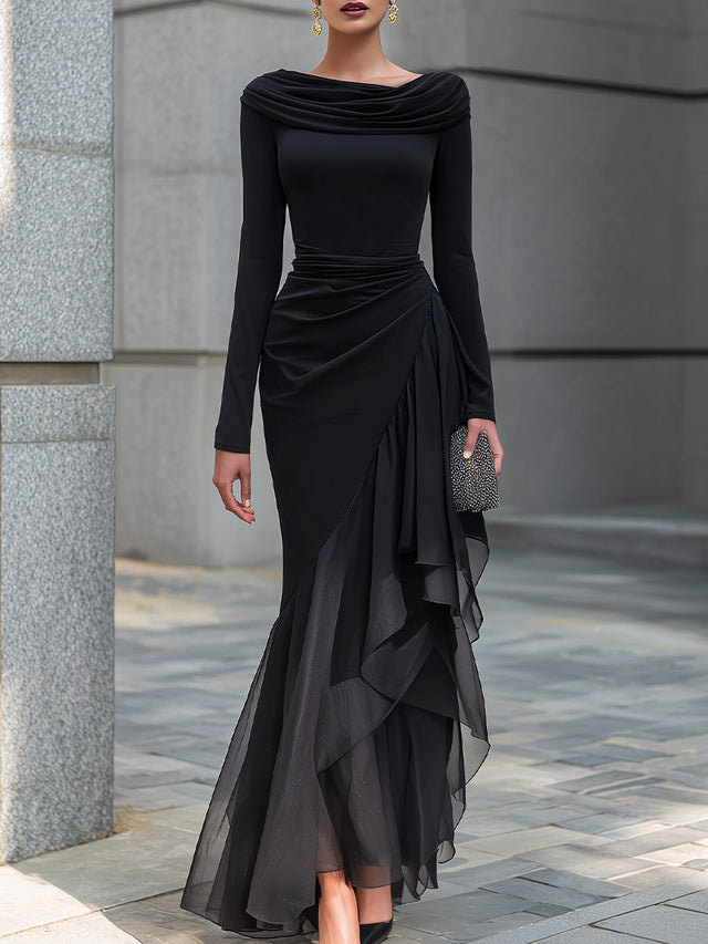 Isadora - Women's Cowl-Neck Wrap Dress with Sheer Organza Hem
