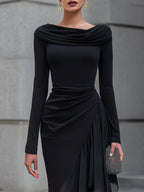 Isadora - Women's Cowl-Neck Wrap Dress with Sheer Organza Hem