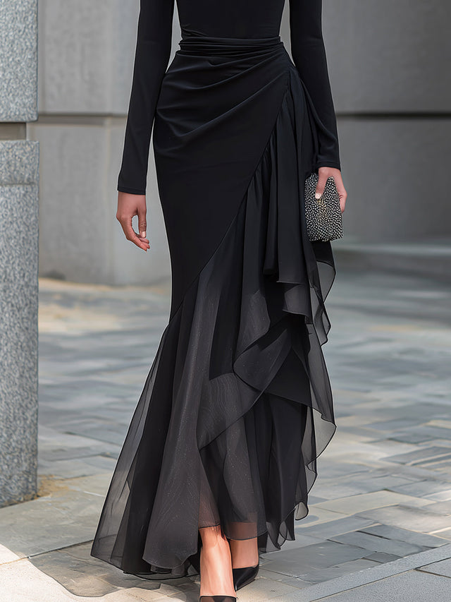 Isadora - Women's Cowl-Neck Wrap Dress with Sheer Organza Hem