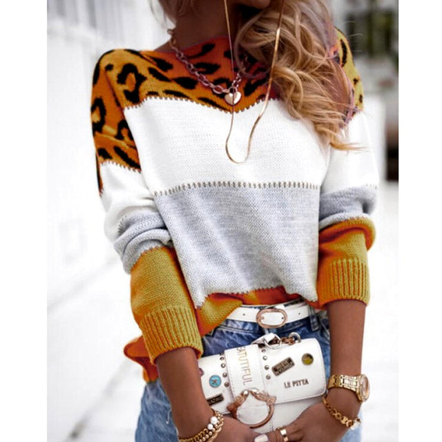 Jessica - Women's Leopard Print Panel Knit Sweater 4