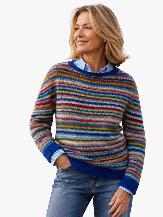 Kallista - Women's Multi-Stripe Crewneck Sweater with Ribbed Cuffs