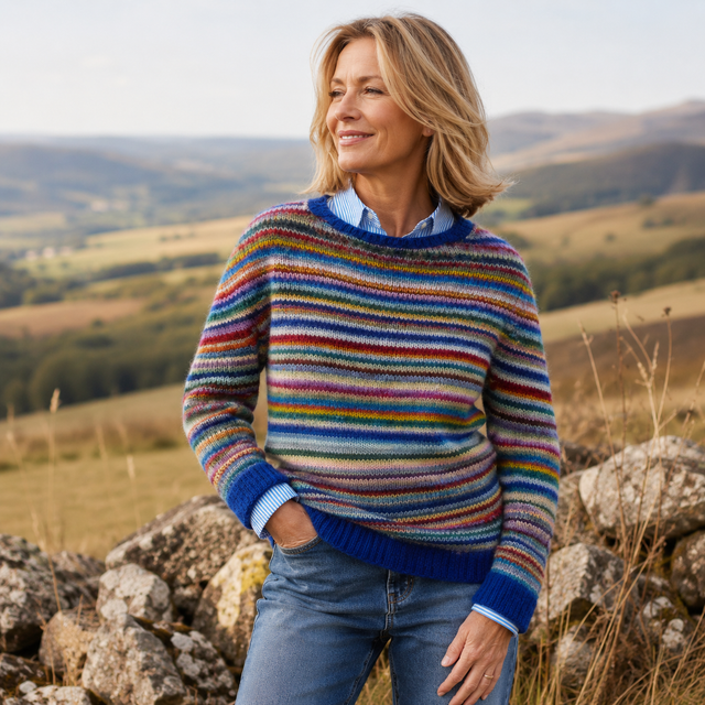 Kallista - Women's Multi-Stripe Crewneck Sweater with Ribbed Cuffs