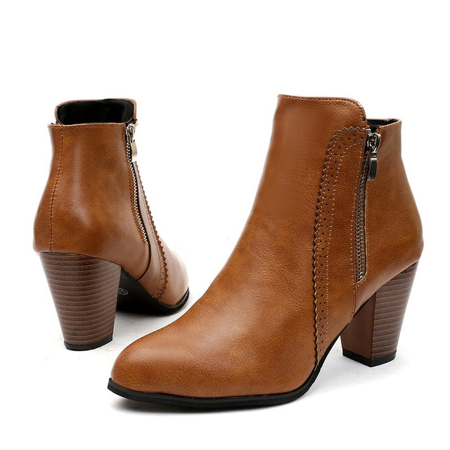 Kristin - Women’s Pointed Toe Zip Block Heel Boots 5
