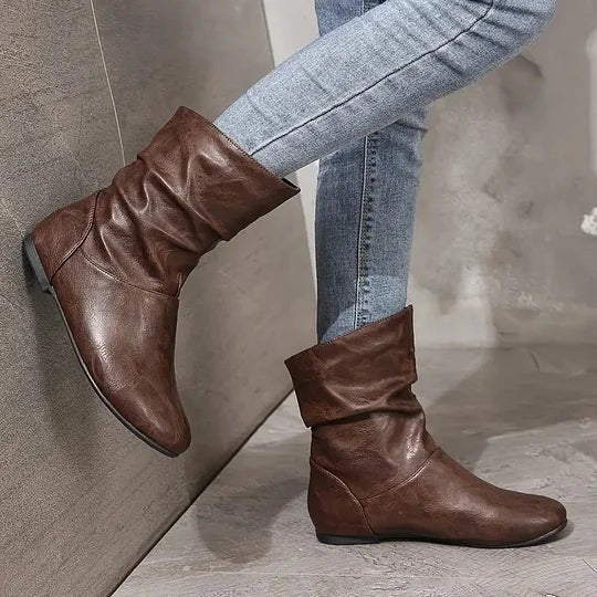 Leonora - Women's Slouched Mid-Calf Leather Boots