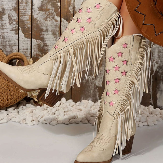 Marlene - Women's Fringe Western Boots with Star Embroidery