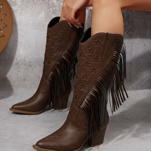 Marlene - Women's Fringe Western Boots with Star Embroidery